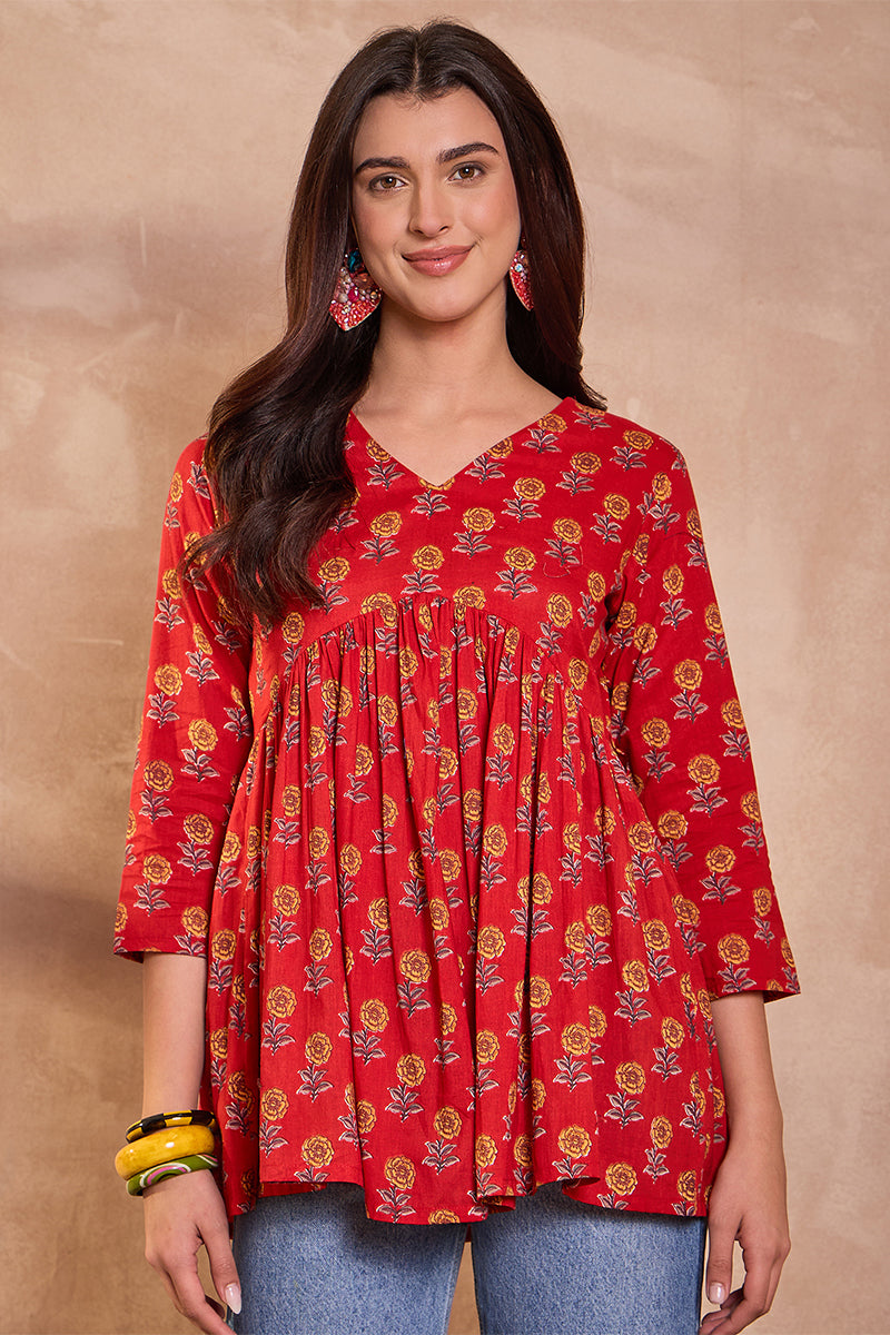Red Cotton Blend Floral Printed Top VT1355