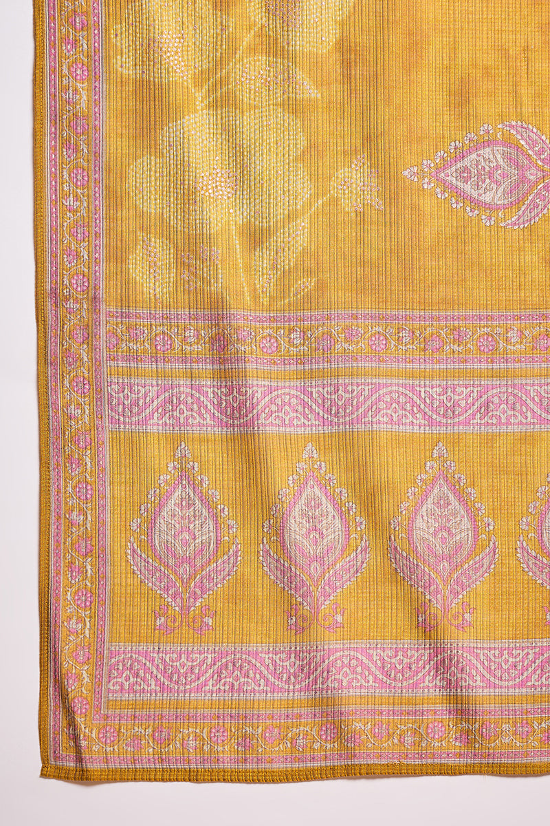 Mustard Silk Blend Floral Printed Straight Kurta Trouser With Dupatta PKSKD3217