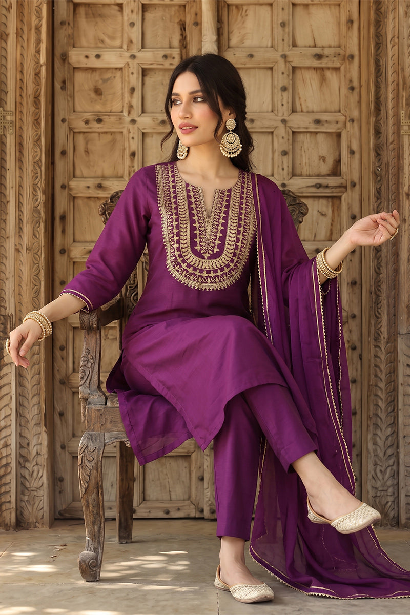 Silk Blend Purple Embroidered Straight Kurta Pant With Dupatta PKSKD1807