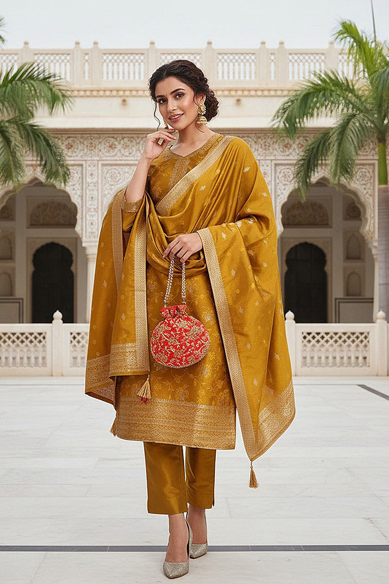 Mustard Yellow Silk Blend Ethnic Motifs Woven Design Straight Suit Set PKSKD2406
