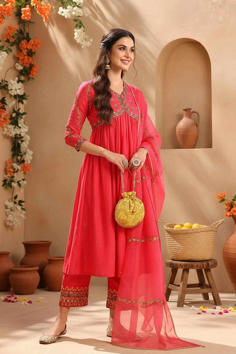 Pink Silk Blend Solid Embroidered Flared Suit Set PKSKD2114