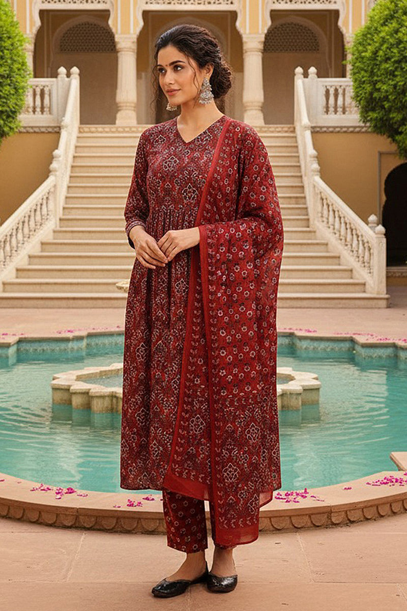 Red Rayon Blend Floral Printed A-Line Trouser Bottom Suit Set VKSKD2273