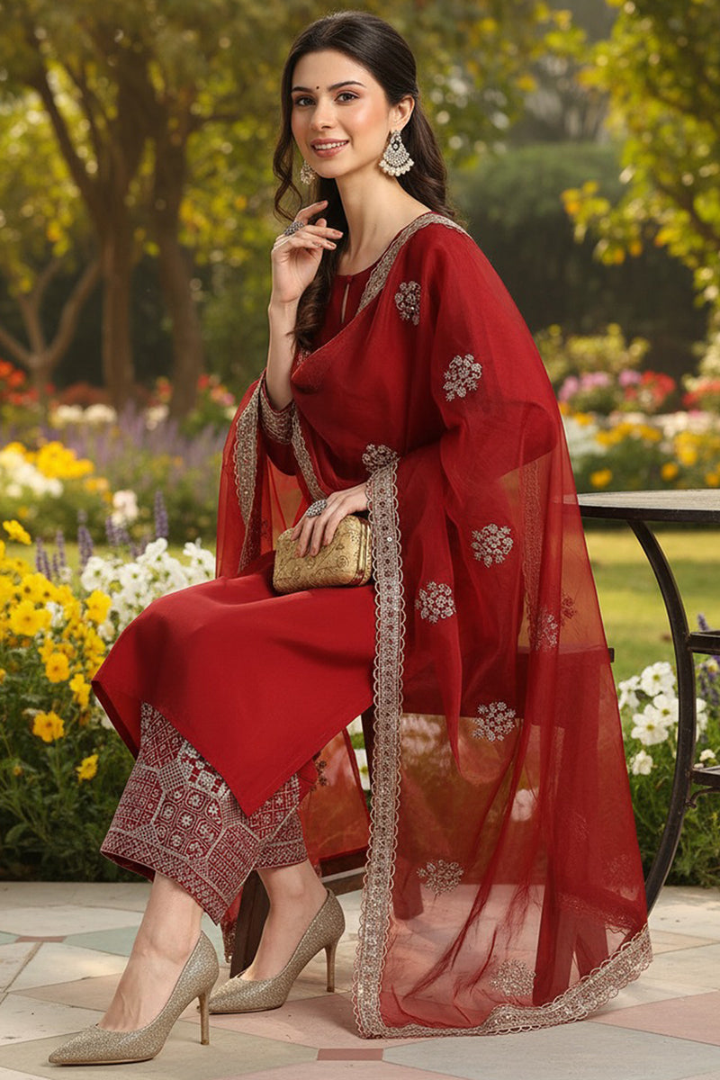 Mustard Yellow Silk Blend Floral Embroidered Straight Suit Set PKSKD2240