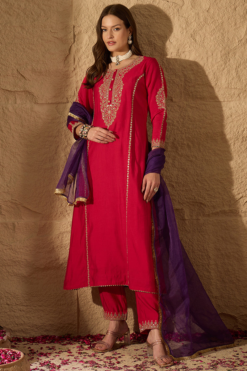 Red Silk Blend Solid Embroidered A-Line Kurta Trouser with Dupatta PKSKD2842