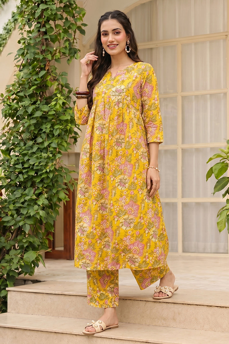 Cotton Blend Yellow Floral Digital Printed Regular Kurta VCK9823