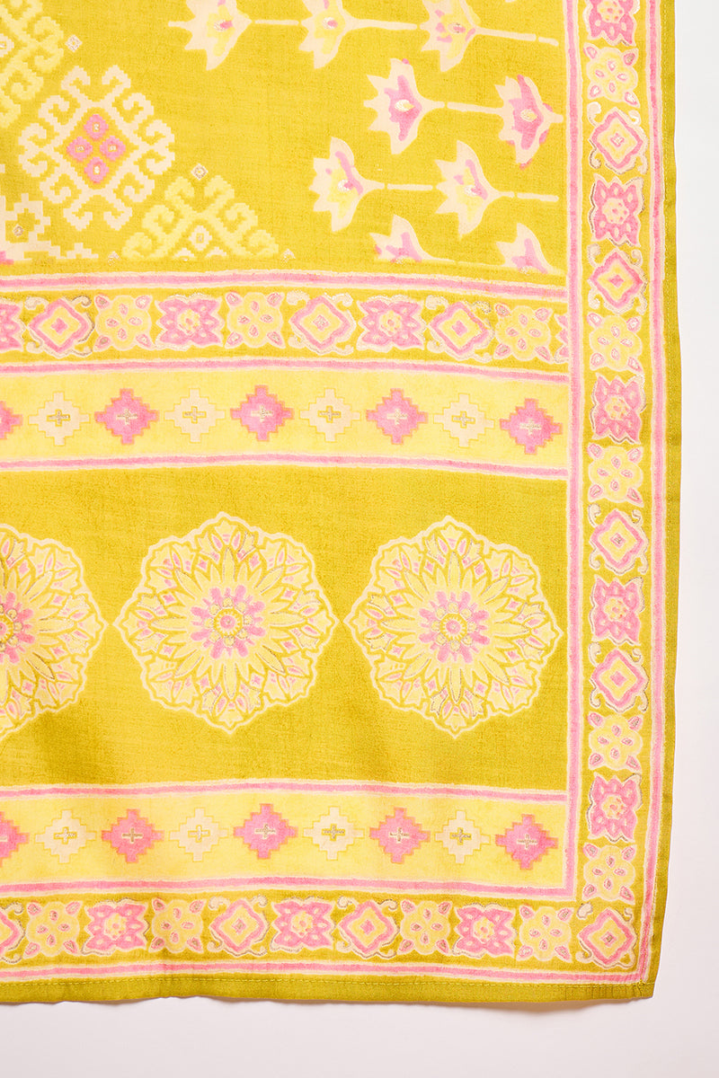 Silk Blend Ethnic Motifs Printed Yellow Kurta And Trousers With Dupatta PKSKD3232