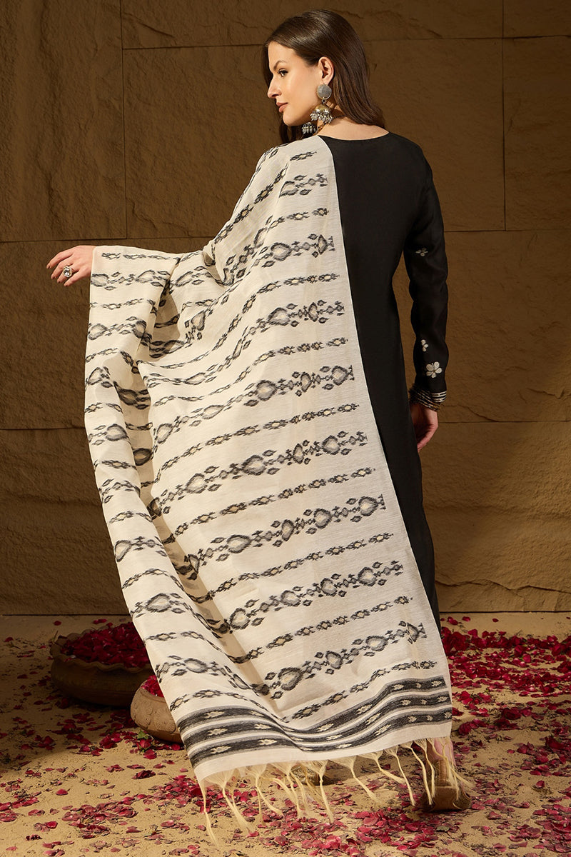 Black Poly Chanderi Solid Embroidered Straight Kurta Bottom and Dupatta PKSKD2900