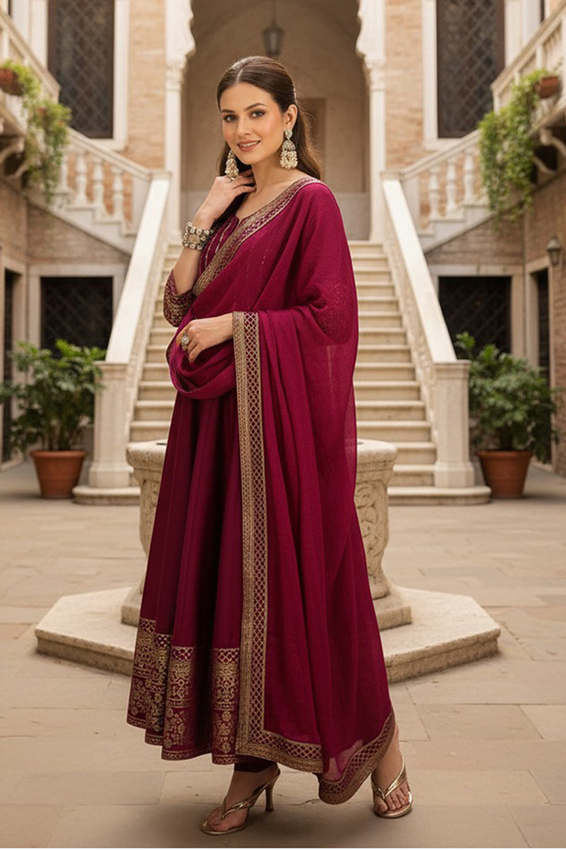 Magenta Silk Blend Woven Design Anarkali Suit Set PKSKD2066