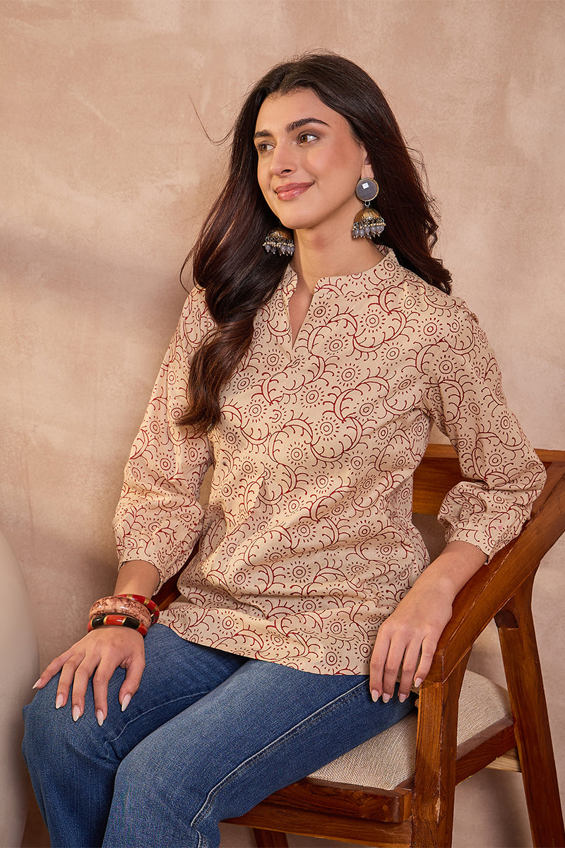 Beige Cotton Ethnic Motifs Printed Top VT1430