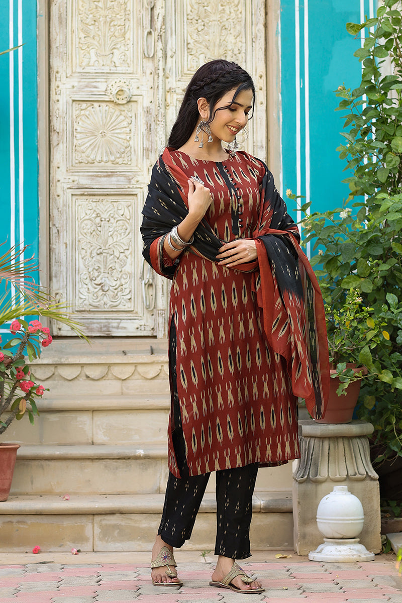 Brown Rayon Blend Straight Kurta Pant With Dupatta VKSKD1304