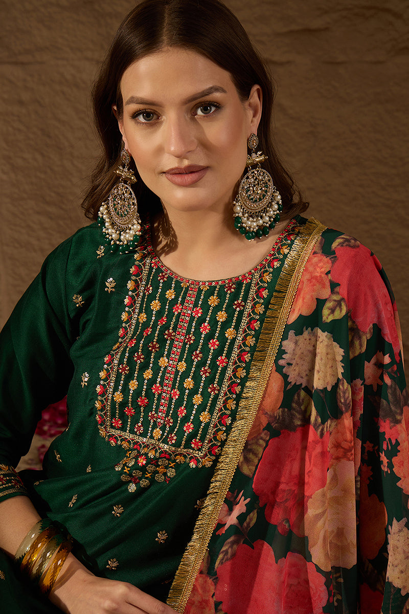 Green Silk Blend Embroidered Kurta Pant With Dupatta VKSKD1758