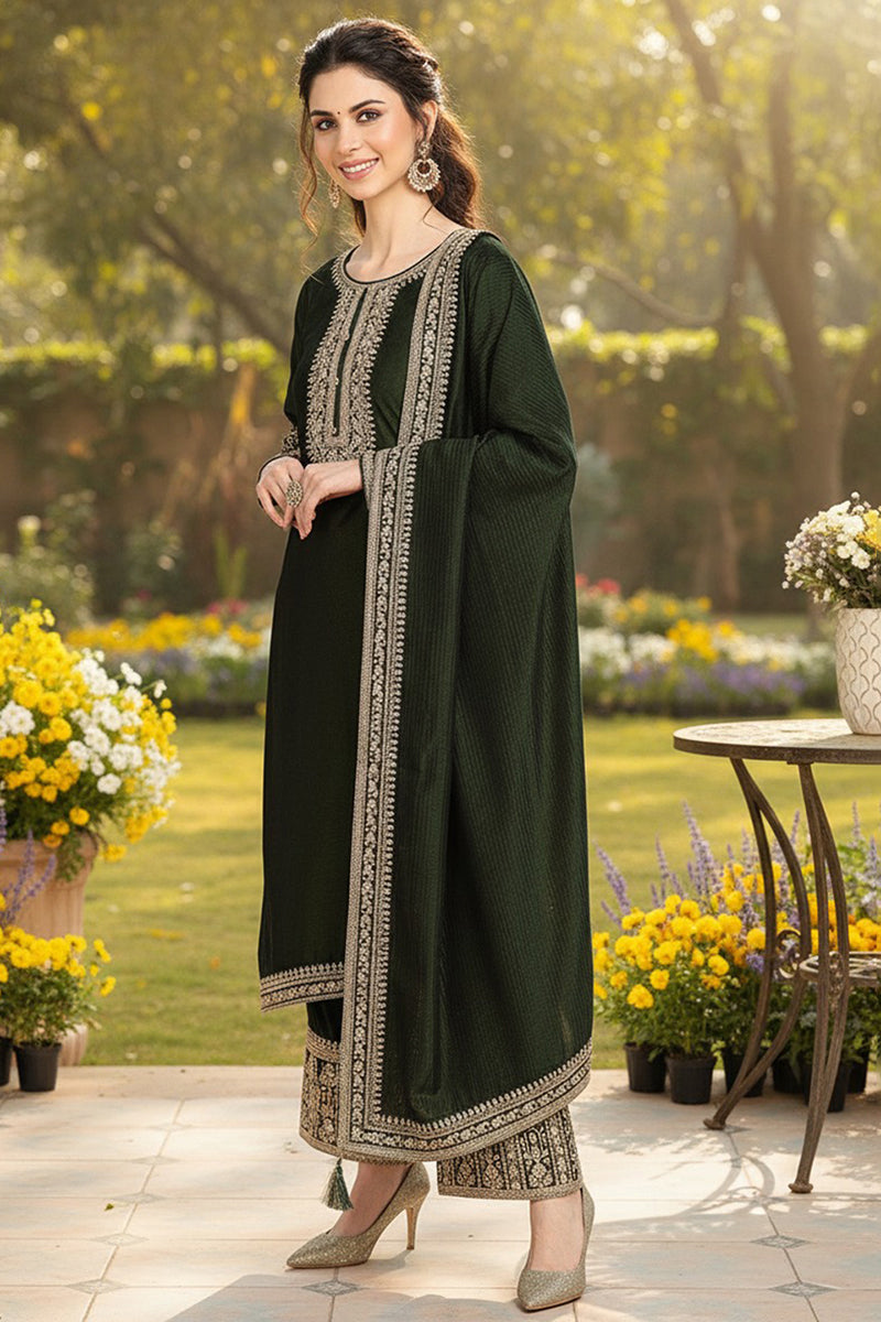 Green Silk Blend Solid Embroidered Straight Style Suit Set PKSKD2263