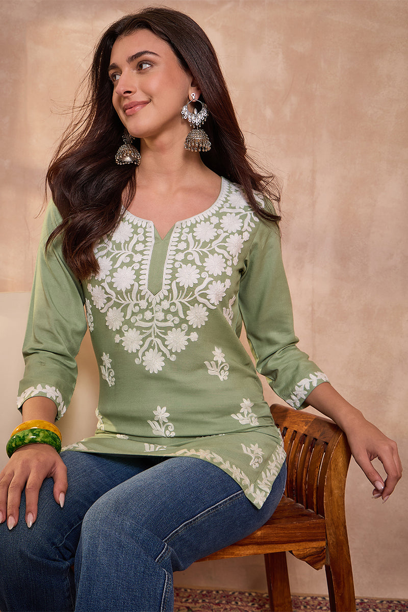 Ahika Womens Green Viscose Rayon Solid Embroidered Regular Top VT1408