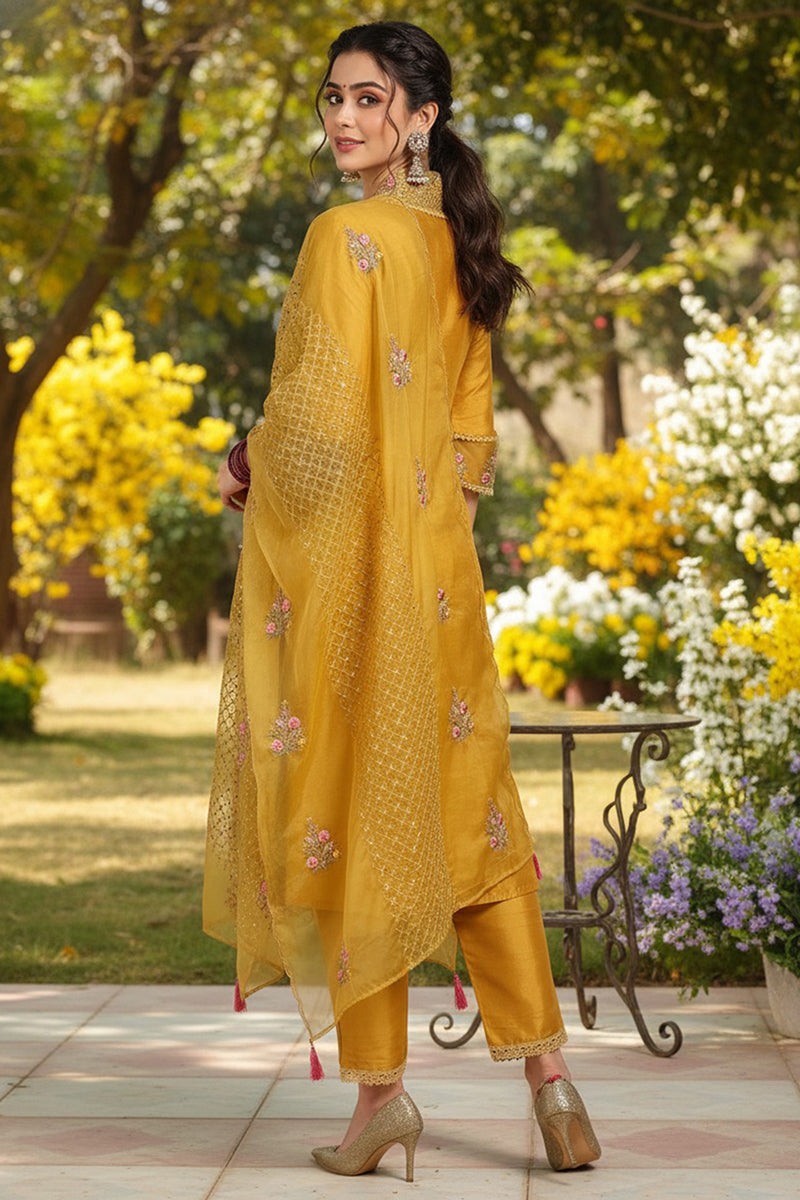 Mustard Yellow Silk Blend Floral Embroidered Straight Suit Set PKSKD2240