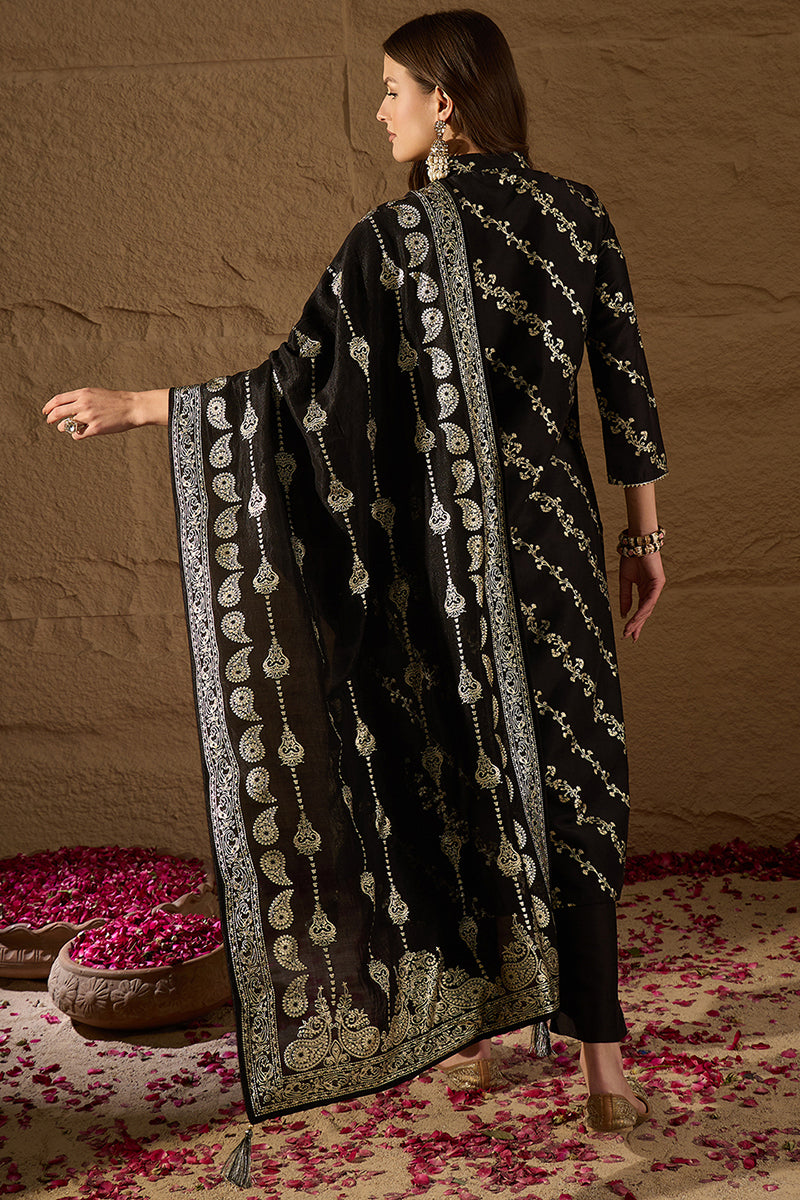 Black Silk Blend Ethnic Motifs Printed Straight Kurta Sets SKSKD3042