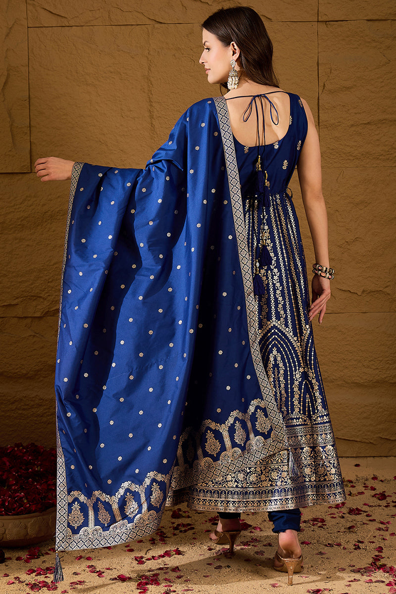 Blue Silk Blend Solid Embroidered Anarkali Kurta Bottom and Dupatta PKSKD3020