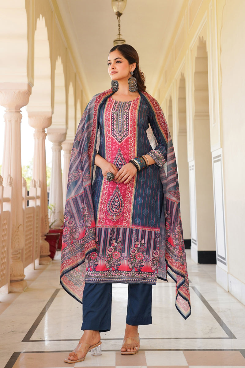 Blue Rayon Blend Ethnic Motifs Printed Straight Kurta Trouser With Dupatta SKSKD3053