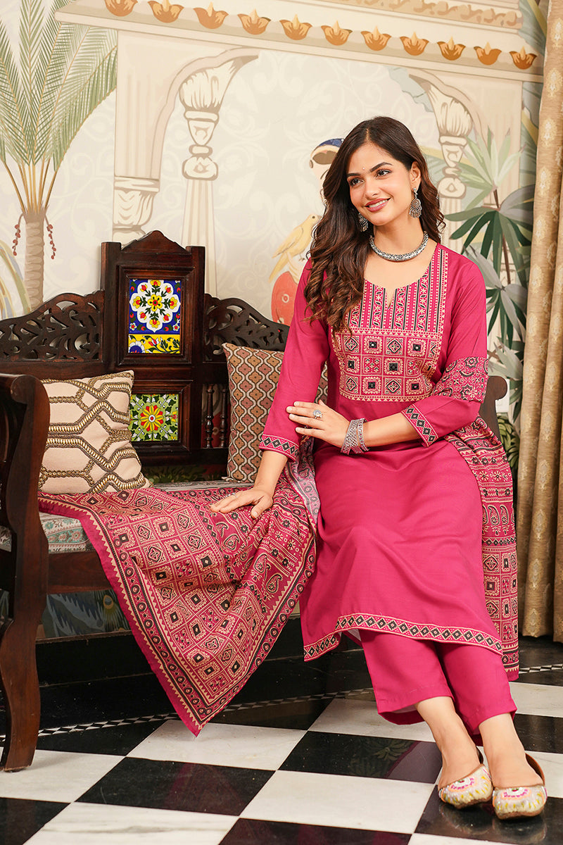 Pink Cotton Blend Ajrakh Printed Straight Kurta Trousers With Dupatta PKSKD3069