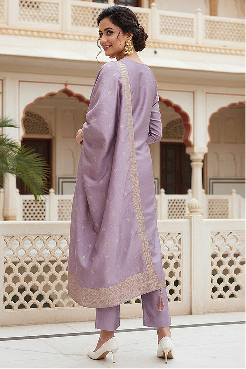 Lavender Silk Blend Ethnic Motifs Woven Design Straight Suit Set PKSKD2405