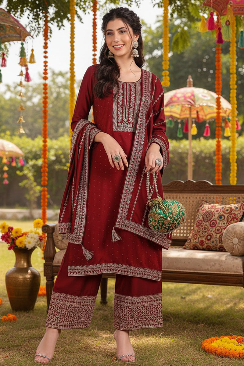 Maroon Silk Blend Straight Kurta Palazzo With Dupatta PKSKD1860