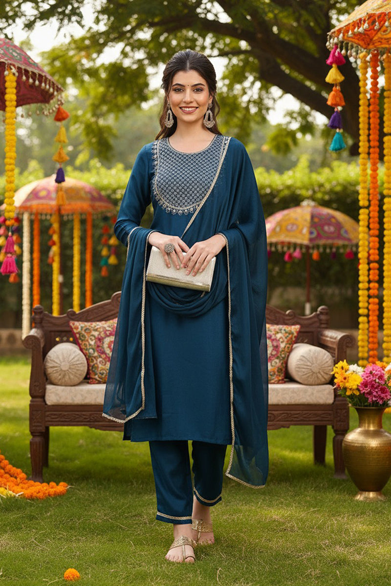 Silk Blend Teal Embroidered Straight Kurta Pant With Dupatta PKSKD1838