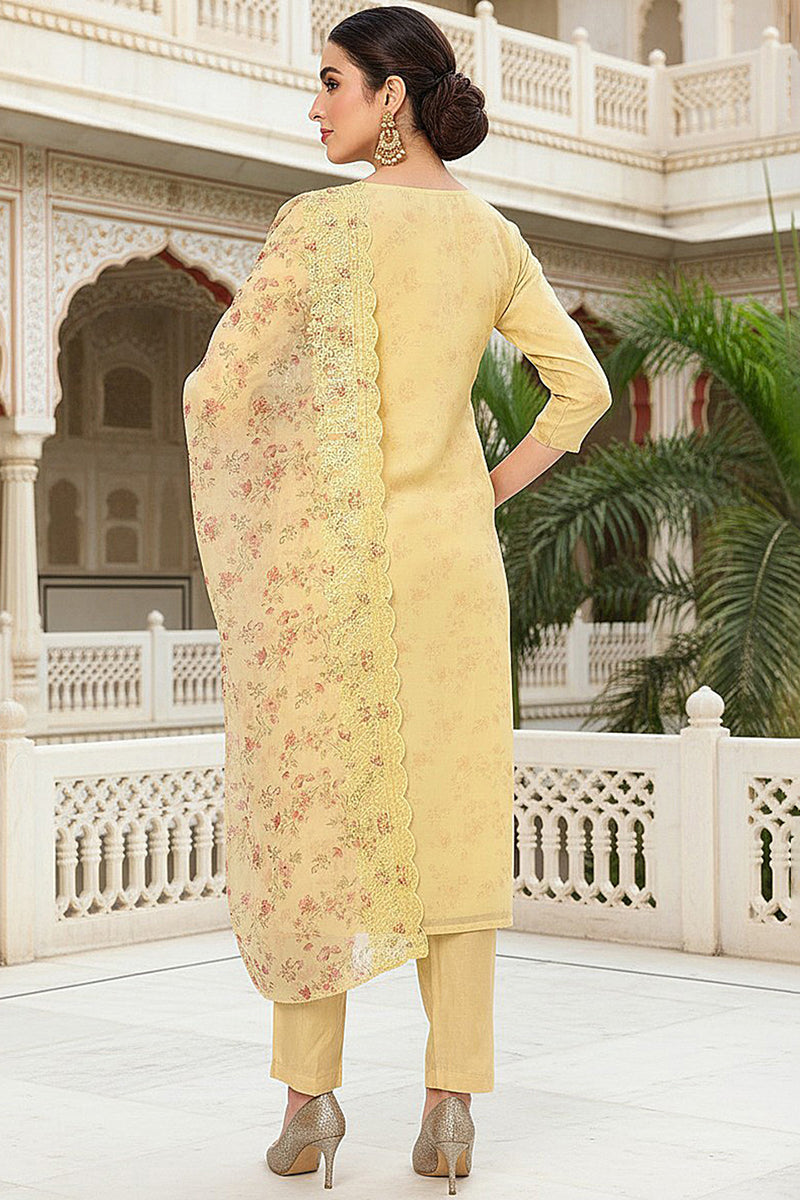 Yellow Organza Floral Embroidered Straight Suit Set PKSKD2086