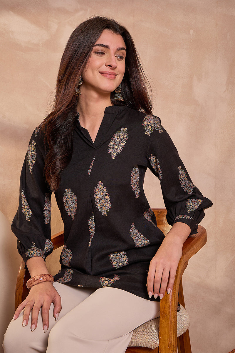 Black Cotton Blend Floral Printed Top VT1360