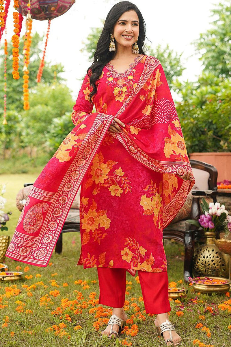 Red Viscose Rayon Floral Embroidered Straight Kurta Trousers With Dupatta PKSKD3051