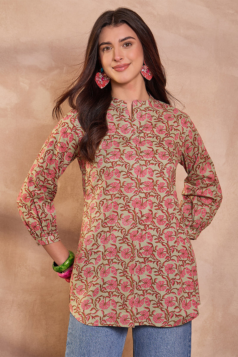 Green Cotton Floral Printed Top VT1436