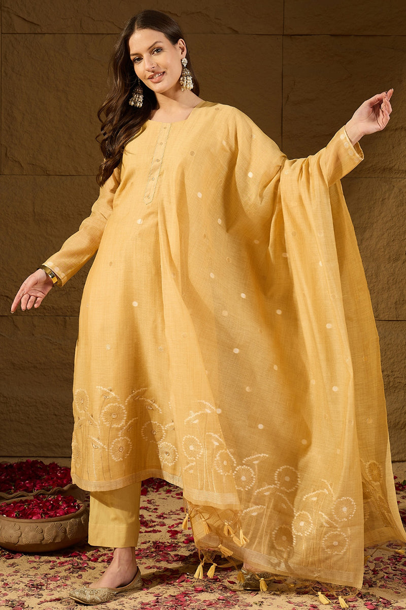 Yellow Chanderi Woven Design Straight Kurta Trouser with Dupatta PKSKD2904