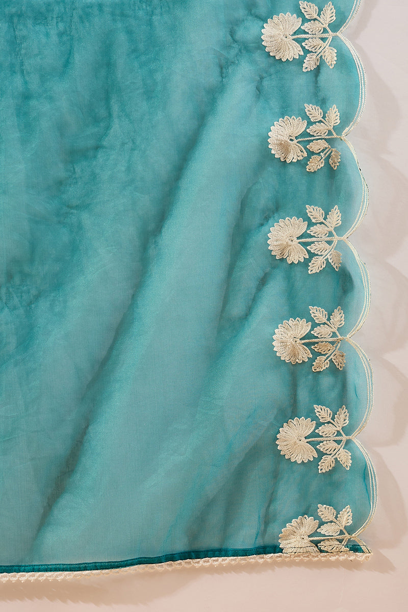 Teal Silk Blend Solid Embroidered A-Line Kurta Trouser With Dupatta PKSKD2824