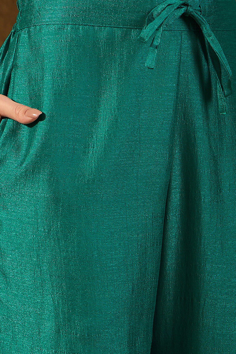 Teal Silk Blend Ethnic Motifs Woven Design Anarkali Kurta Trousers With Dupatta PKSKD2895