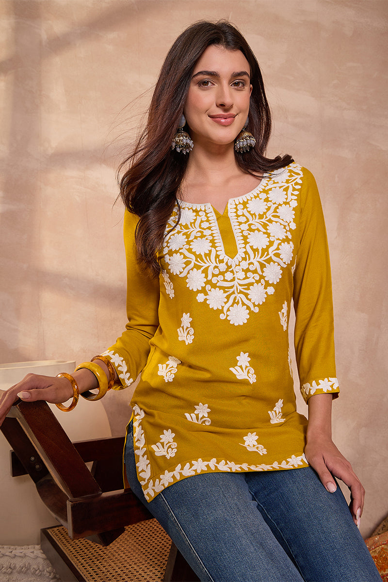 Ahika Womens Yellow Viscose Rayon Solid Embroidered Top VT1406