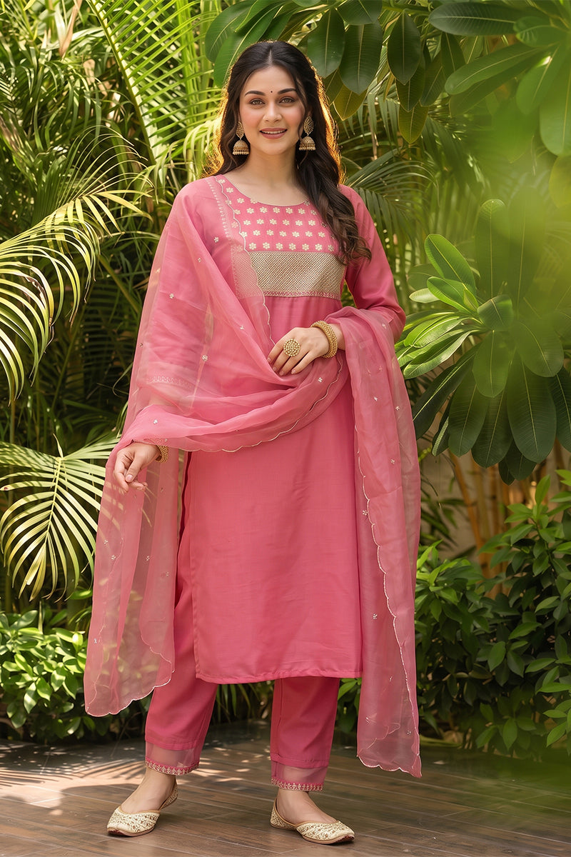 Pink Poly Silk Solid Sequin Straight Suit Set PKSKD1159