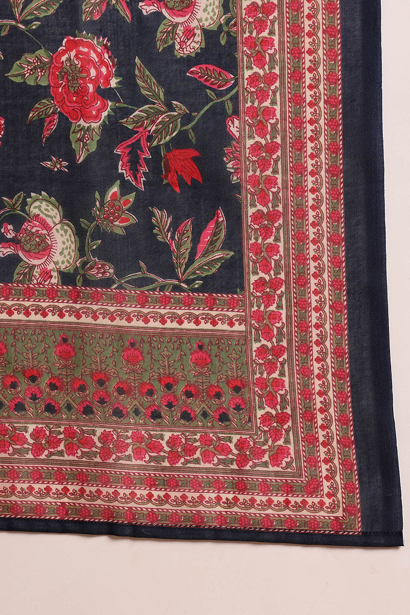 Navy Blue Rayon Blend Floral Printed Straight Trouser Suit Set VKSKD2255
