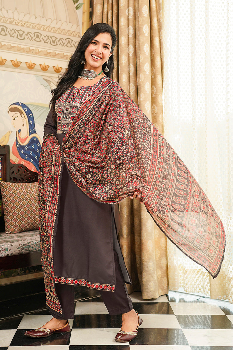 Black Cotton Blend Ajrakh Printed Straight Kurta Trousers With Dupatta PKSKD3065