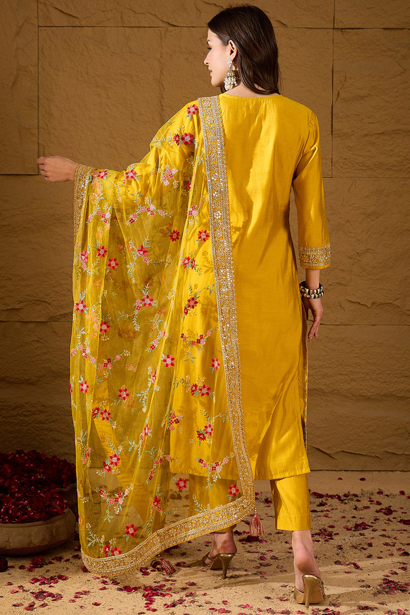 Yellow Silk Blend Solid Woven Design Straight Kurta Trousers With Dupatta PKSKD2935