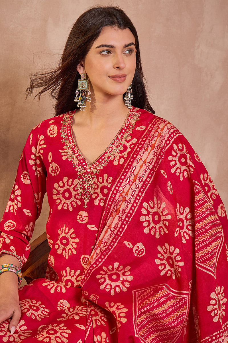 Pink Cotton Blend Abstract Printed Straight Kurta Trouser With Dupatta VKSKD3213