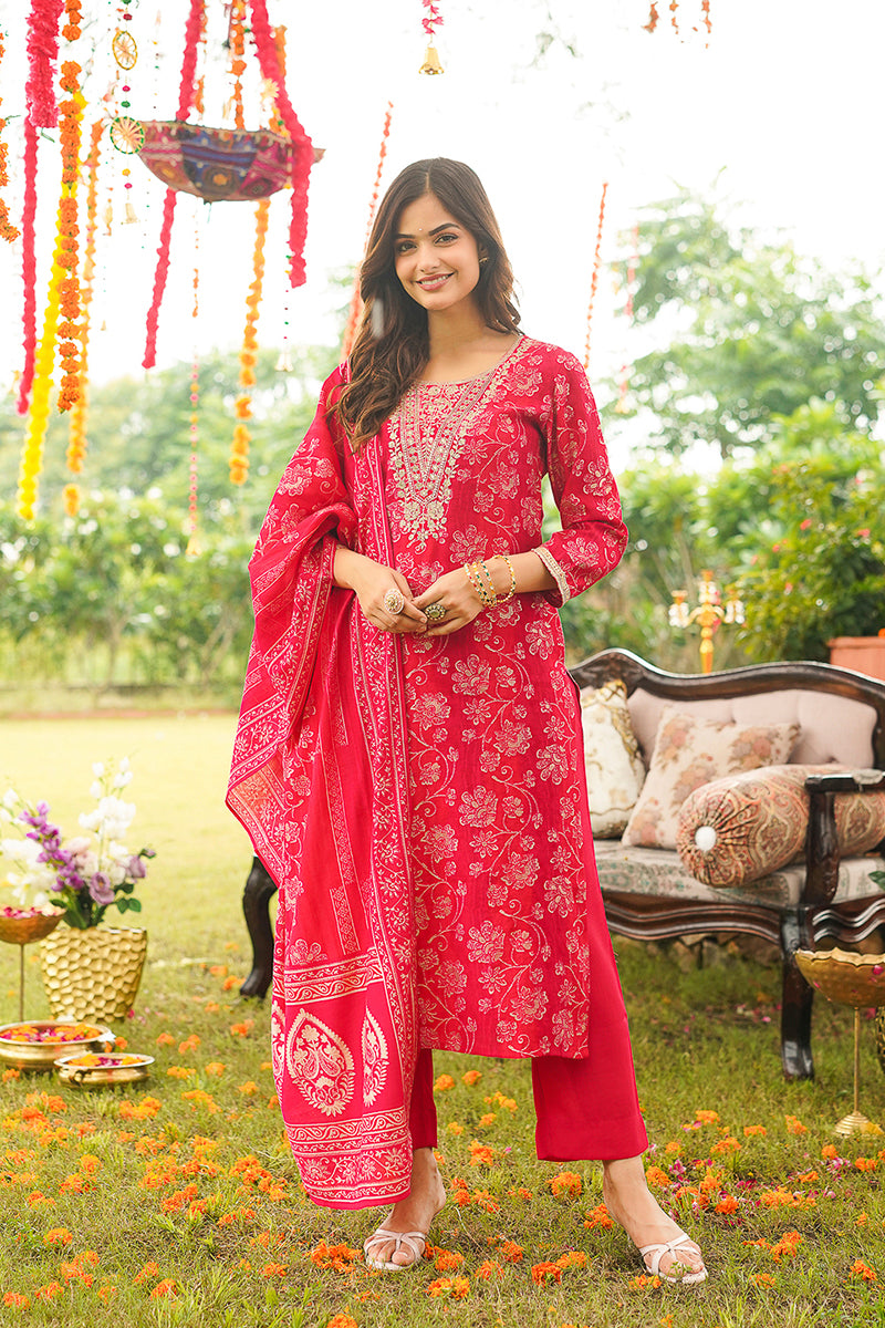 Red Viscose Rayon Floral Embroidered Straight Kurta Trousers With Dupatta PKSKD3056
