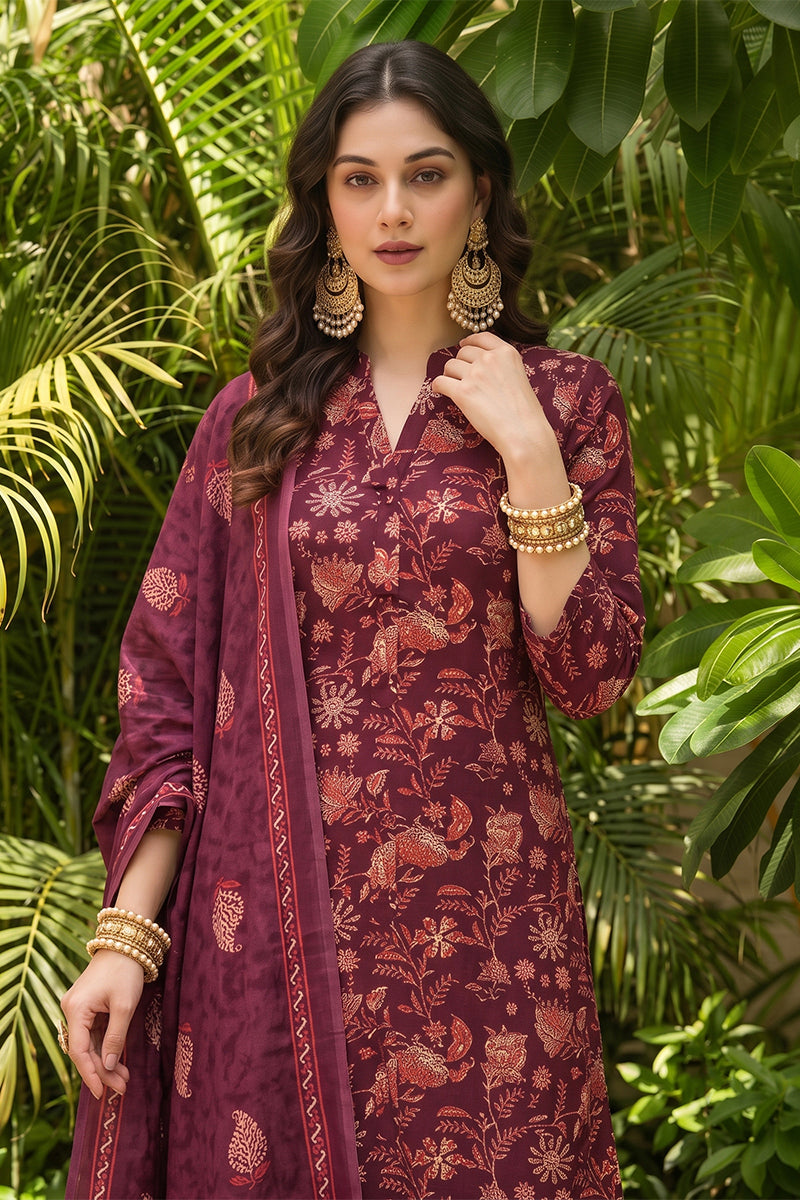 Maroon Rayon Blend Floral Printed Straight Suit Set VKSKD2149