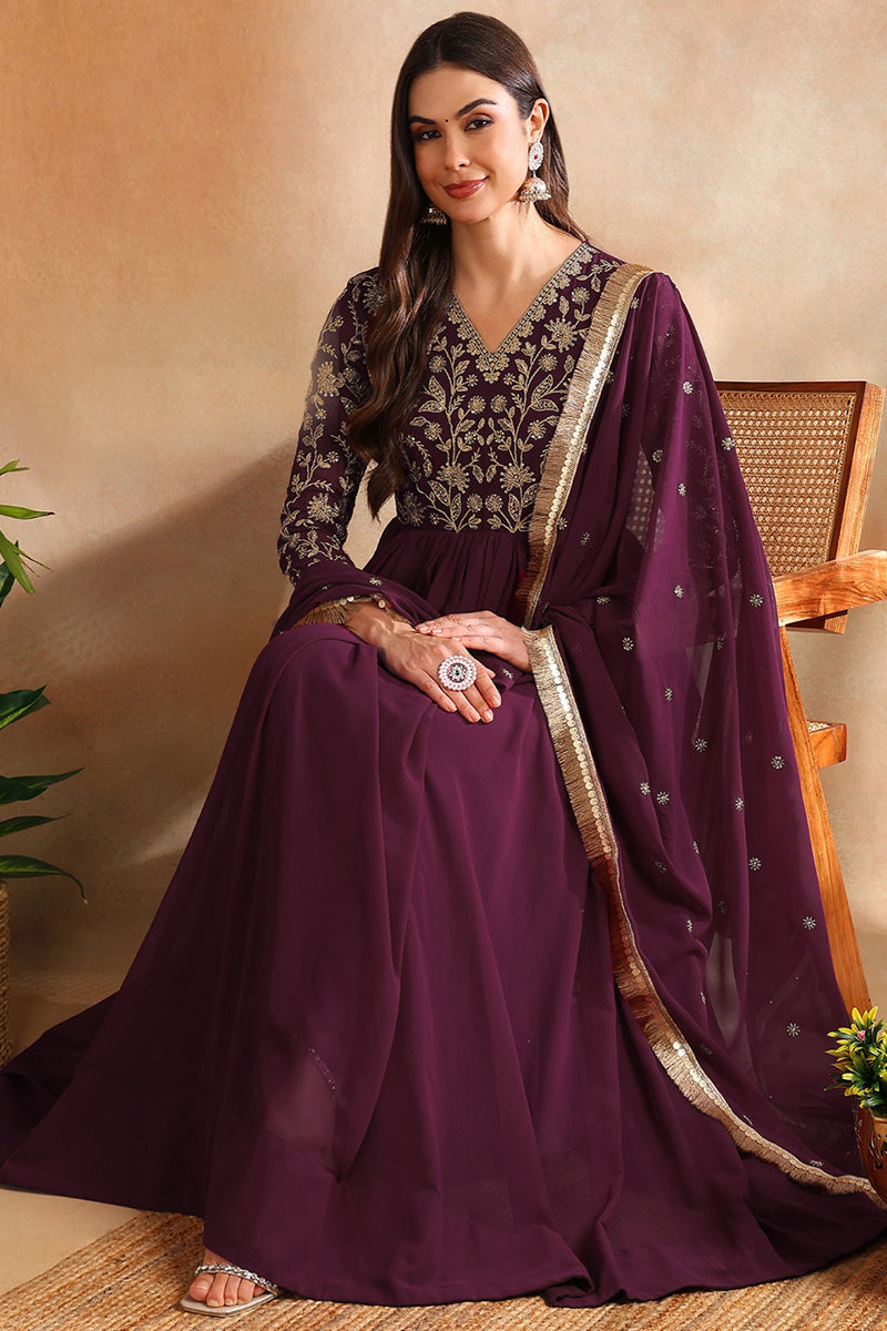 Wine Georgette Solid Embroidered Anarkali Gown with Dupatta VKSET1520WIN