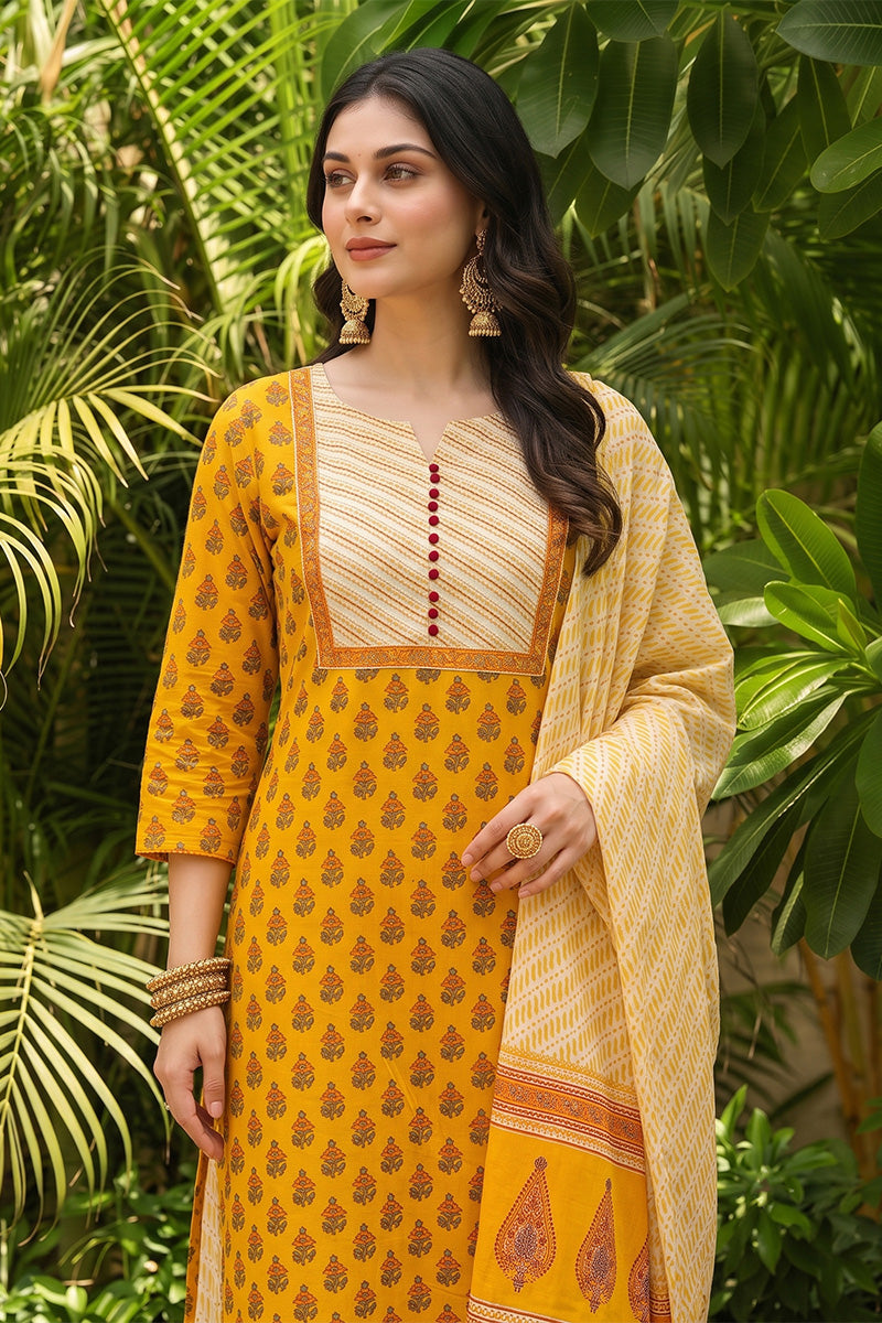 Yellow Rayon Blend Straight Suit Set VKSKD1042