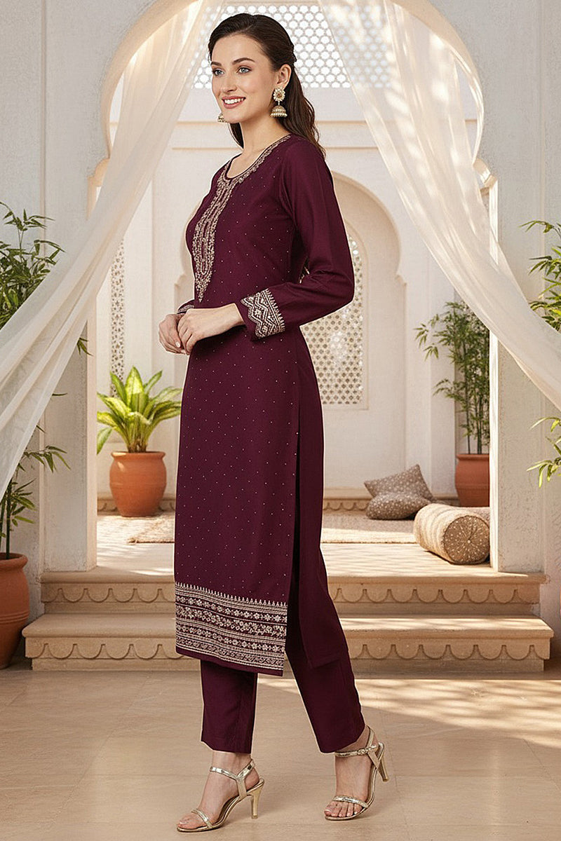 Burgundy Silk Blend Solid Straight Kurta Trousers With Dupatta PKSKD1759