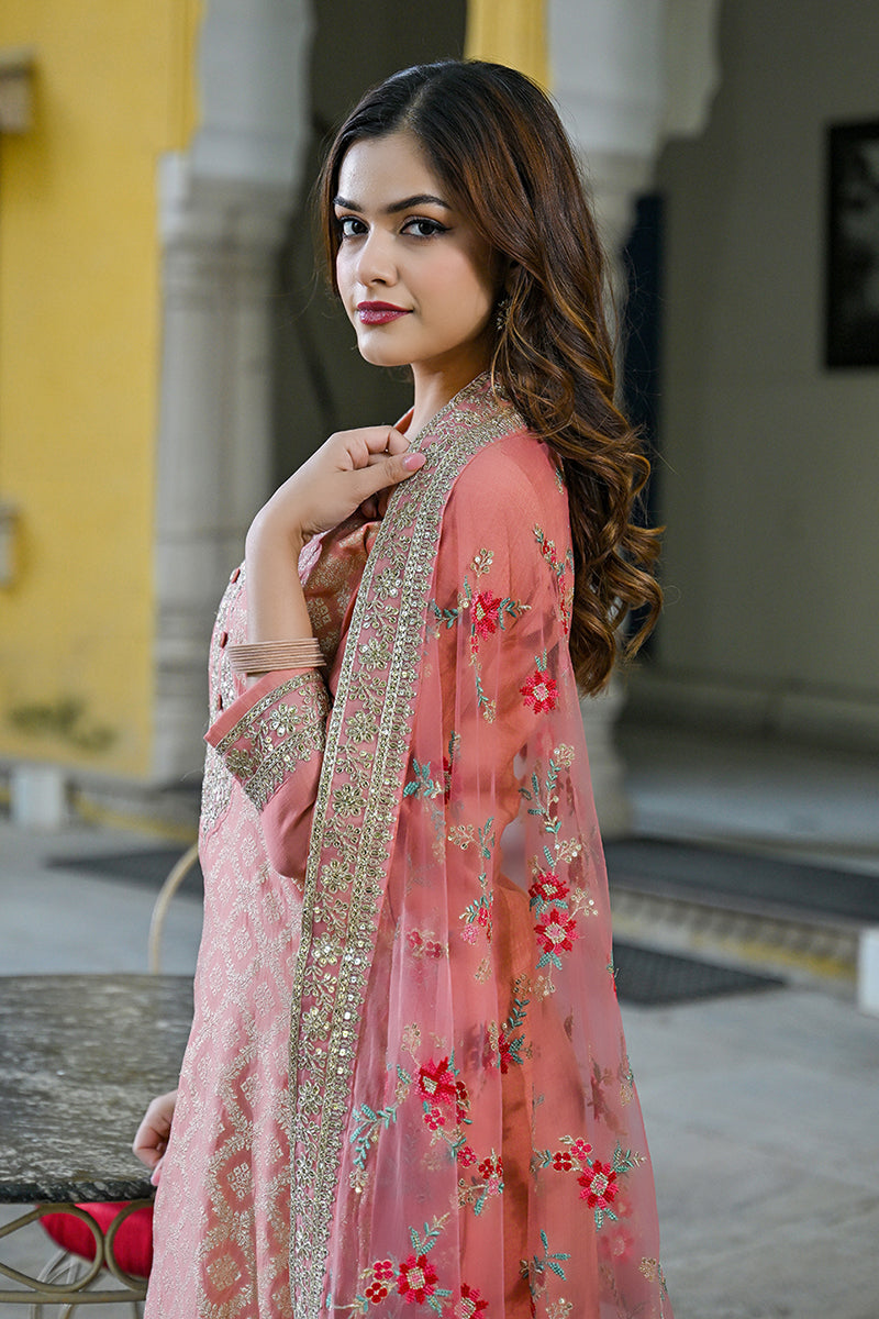 Peach Silk Blend Solid Woven Design Straight Kurta Trousers With Dupatta PKSKD2924