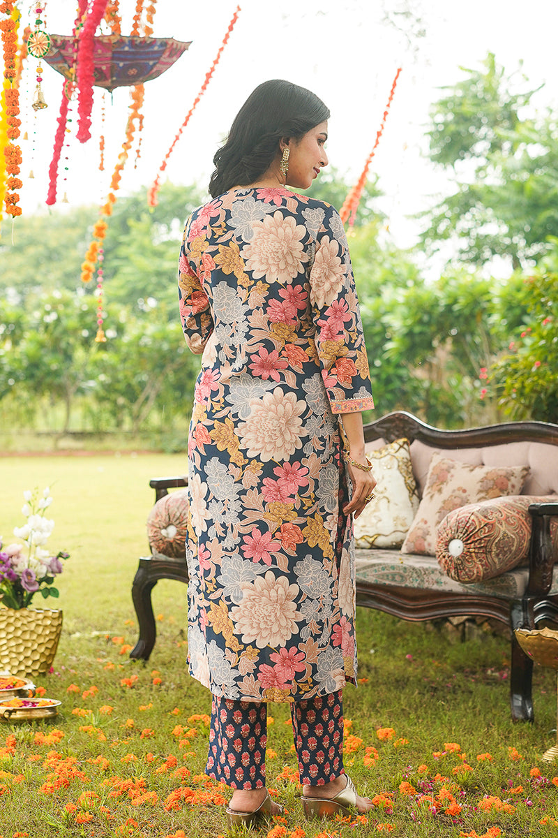 Blue Cotton Blend Floral Printed Straight Kurta Trousers With Dupatta VKSKD2415