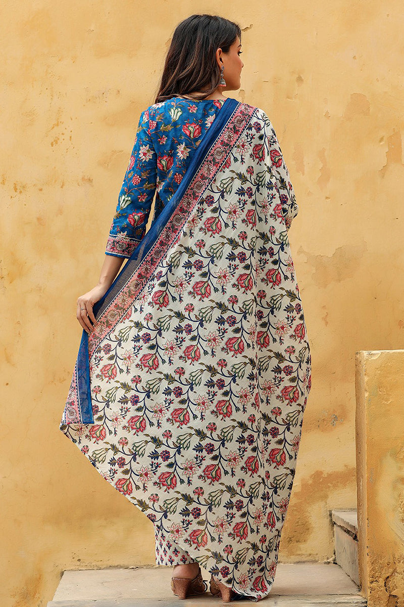 Blue Rayon Blend Floral Printed Straight Suit Set VKSKD1238