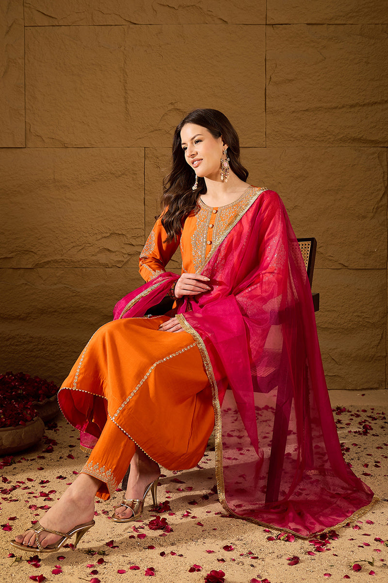 Orange Silk Blend Solid Embroidered A-Line Kurta Trouser with Dupatta PKSKD2841