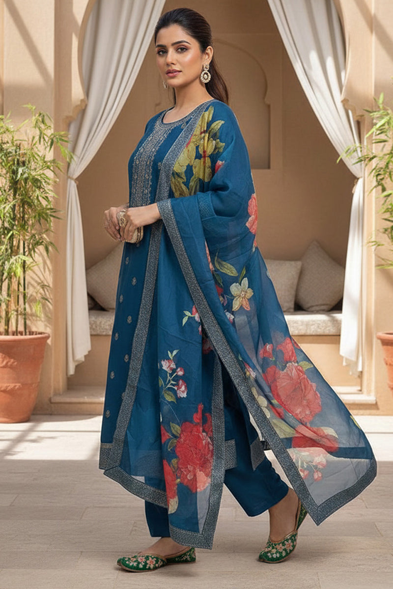 Blue Silk Blend Ethnic Motifs Stoning Straight Kurta Trouser with Dupatta SKSKD3090