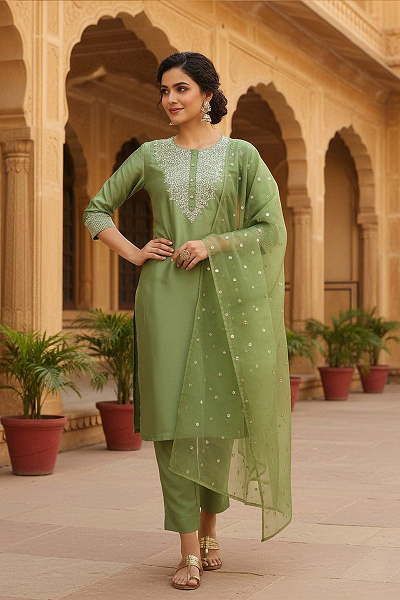 Green Poly Silk Solid Yoke Design Kurta Trousers With Dupatta PKSKD1589
