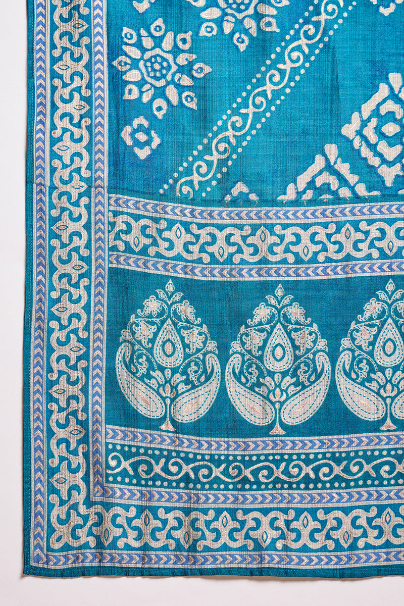 Blue Silk Blend Floral Printed Straight Regular Kurta Set PKSKD3226